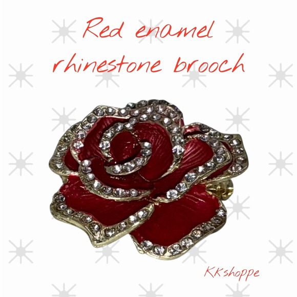 Source Unknown Jewelry - Red Rose Enamel Rhinestone Brooch Pin Gold-Tone 1.25" Floral Statement